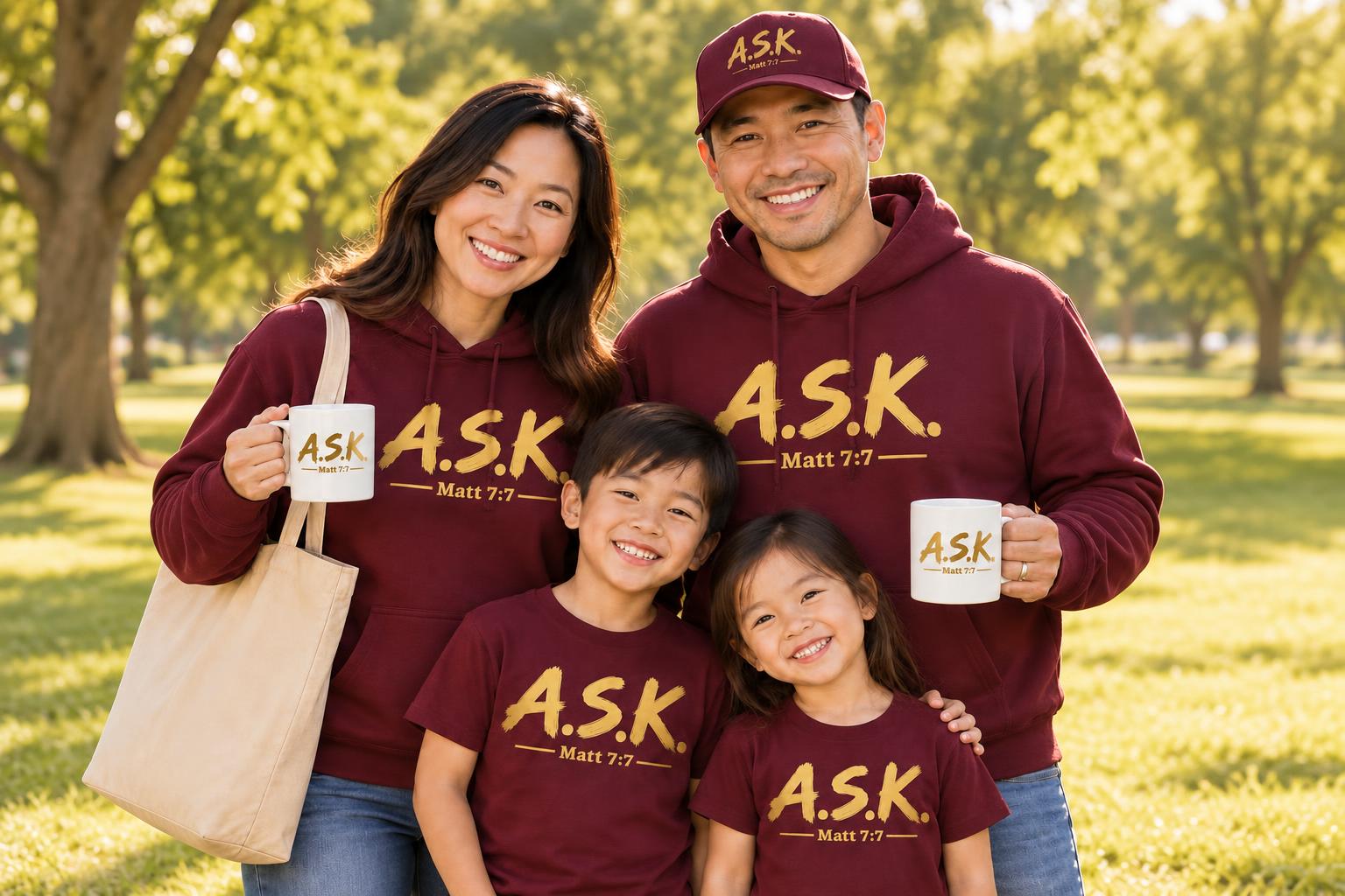 An Asian family together in a sunlit park, all four wearing the gold A.S.K. / Matt 7:7 mark — mom and dad in maroon A.S.K. hoodies each holding a coffee mug printed with the mark, dad in the matching maroon cap