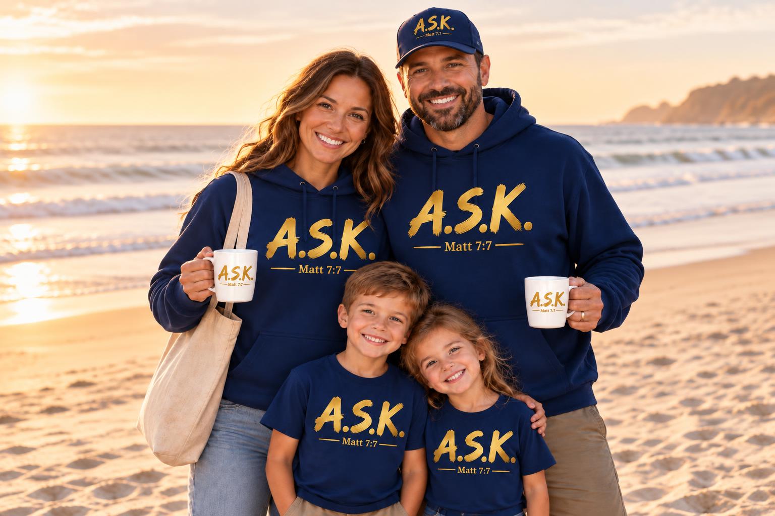 A family of four on a beach at golden hour — all four wearing the gold A.S.K. / Matt 7:7 mark, mom and dad in navy blue A.S.K. hoodies each holding a coffee mug printed with the mark, dad in the matching navy cap
