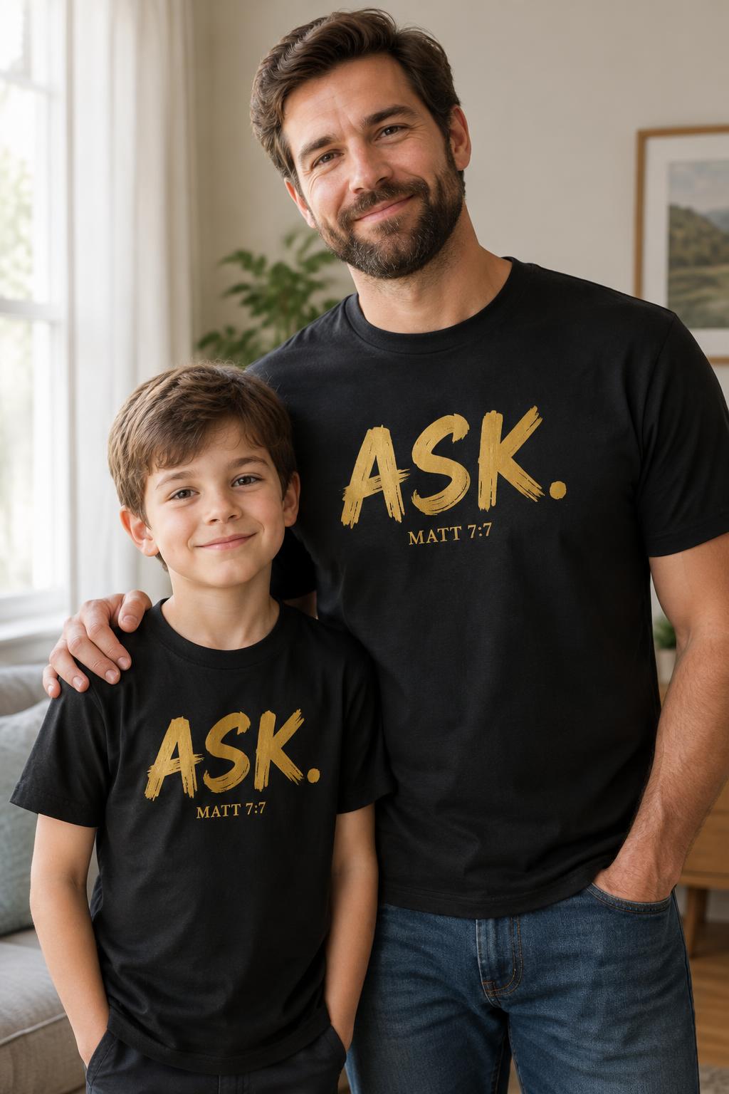 Father and son standing together in matching A.S.K. tees