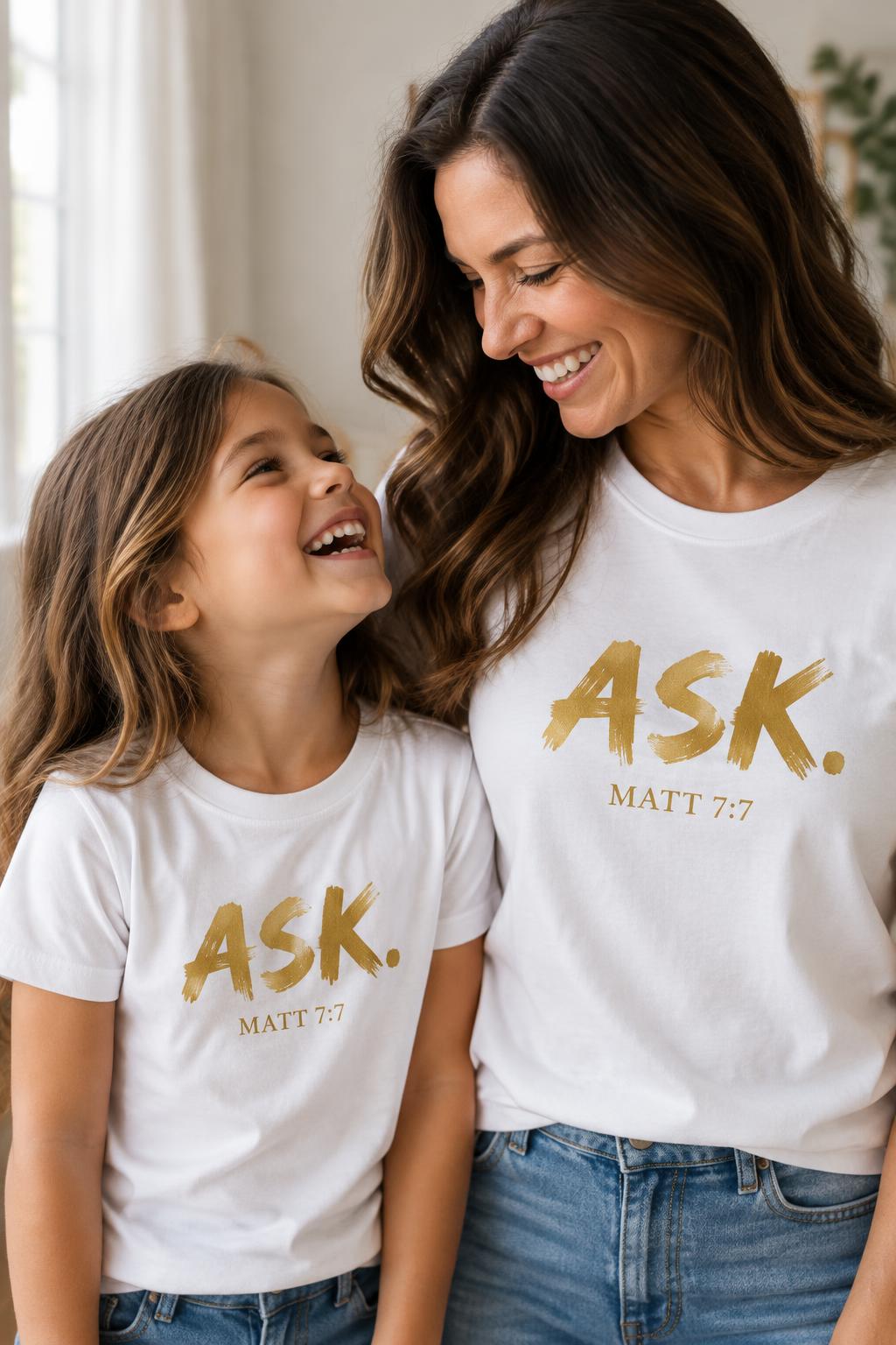Mother and daughter laughing together in matching A.S.K. tees
