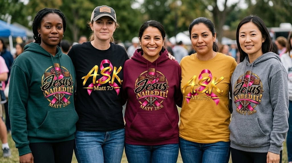 Five women shoulder to shoulder outdoors, each in a different color — a dark green hoodie, a black tee with a cap, a maroon hoodie, a mustard yellow tee, and a grey hoodie — carrying the A.S.K. Matt 7:7 and Jesus NAILED IT! designs