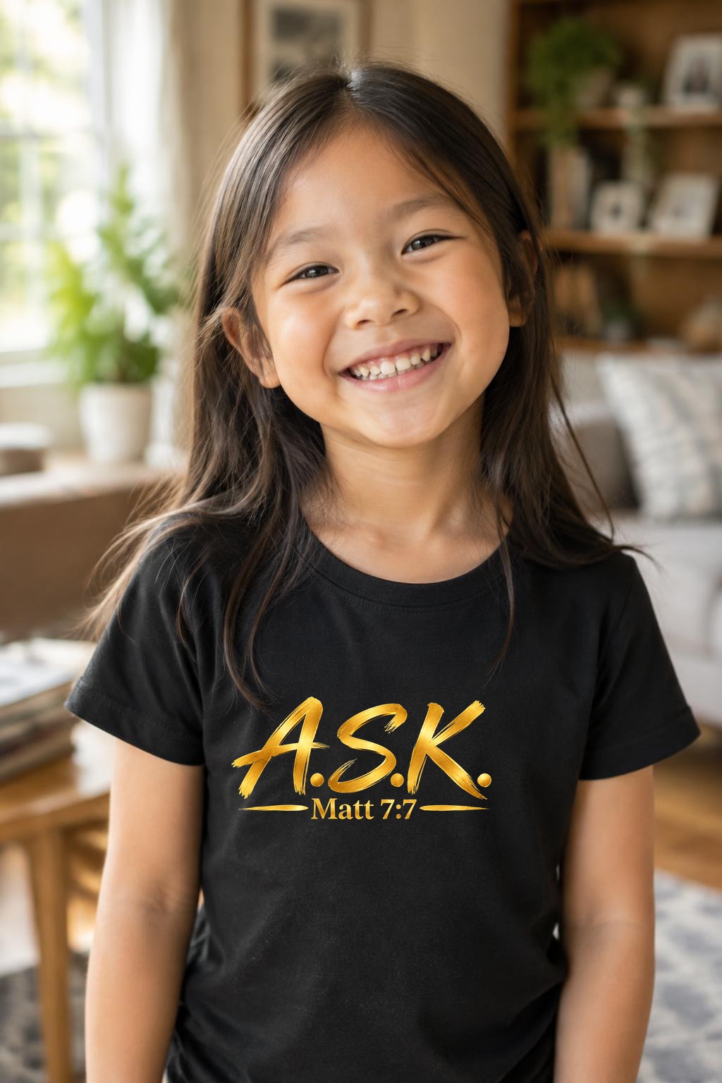 A young Asian girl smiling in warm window light at home, wearing a black kids tee printed with the gold A.S.K. / Matt 7:7 mark