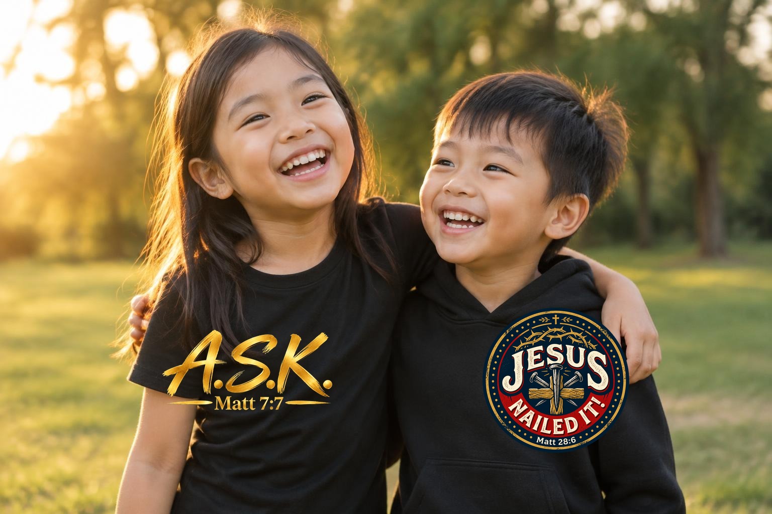 An Asian sister and brother with their arms around each other, laughing in a golden-hour park — she in a black kids tee printed with the gold A.S.K. / Matt 7:7 mark, he in a black kids top printed with the Jesus NAILED IT! / Matt 28:6 seal
