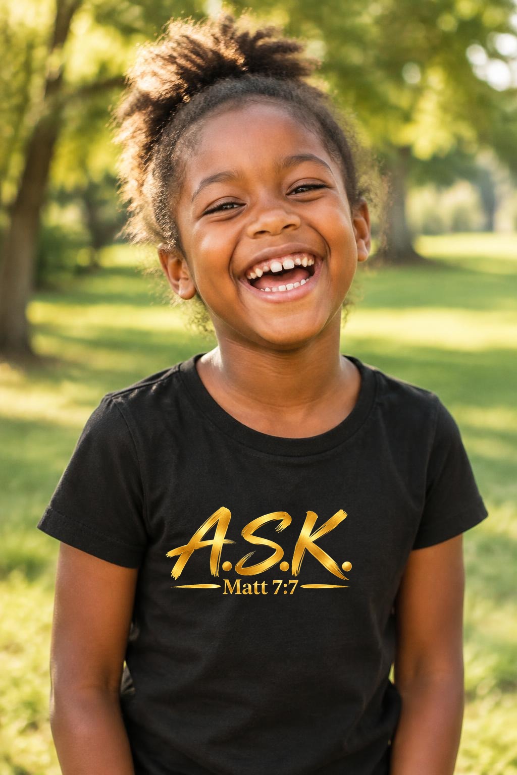 A young Black girl laughing in a sunlit park, wearing a black kids tee printed with the gold A.S.K. / Matt 7:7 mark