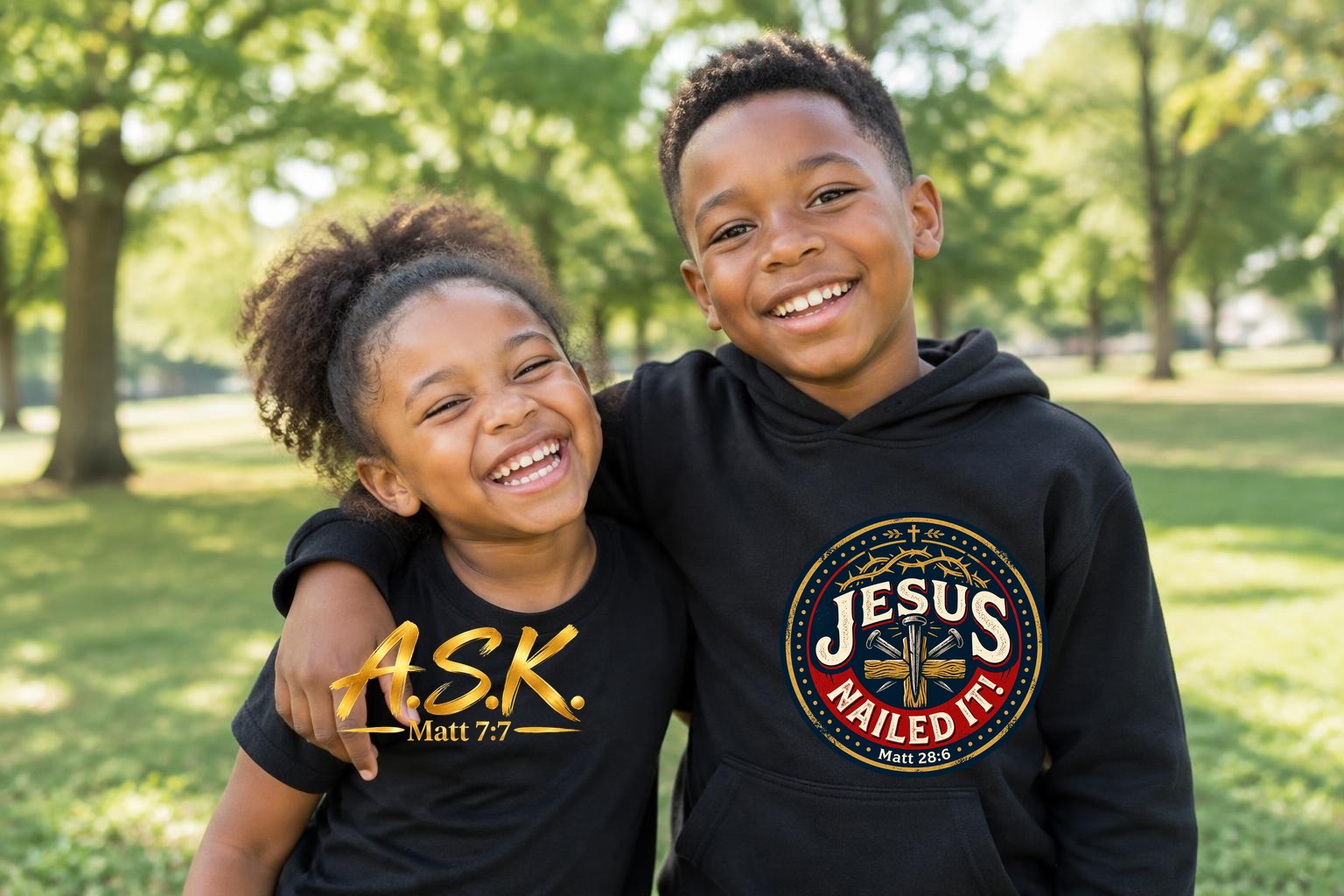 A Black sister and brother laughing together in a sunny park — she in a black kids tee printed with the gold A.S.K. / Matt 7:7 mark, he in a black kids top printed with the circular Jesus NAILED IT! / Matt 28:6 seal