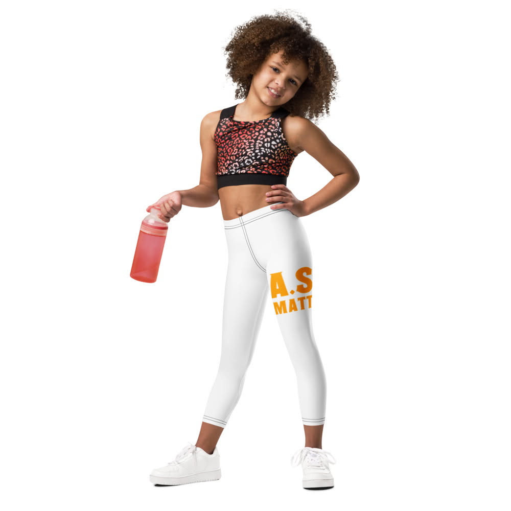 Girl in a leopard sports bra and white A.S.K. leggings