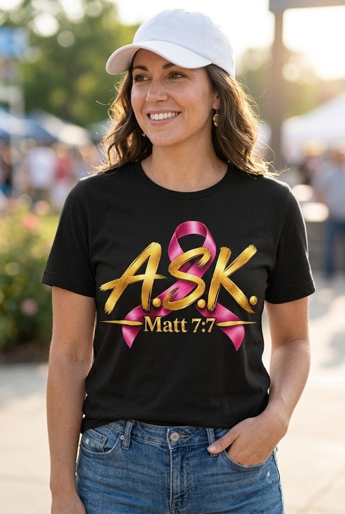 A woman outdoors in a black tee printed with the pink-ribbon A.S.K. Matt 7:7 mark in gold brushstroke lettering