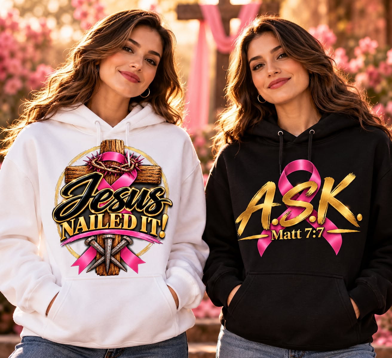 Two women outdoors in front of pink flowers and a cross — one in a white hoodie printed with the Jesus NAILED IT! design, one in a black hoodie printed with the pink-ribbon A.S.K. Matt 7:7 mark