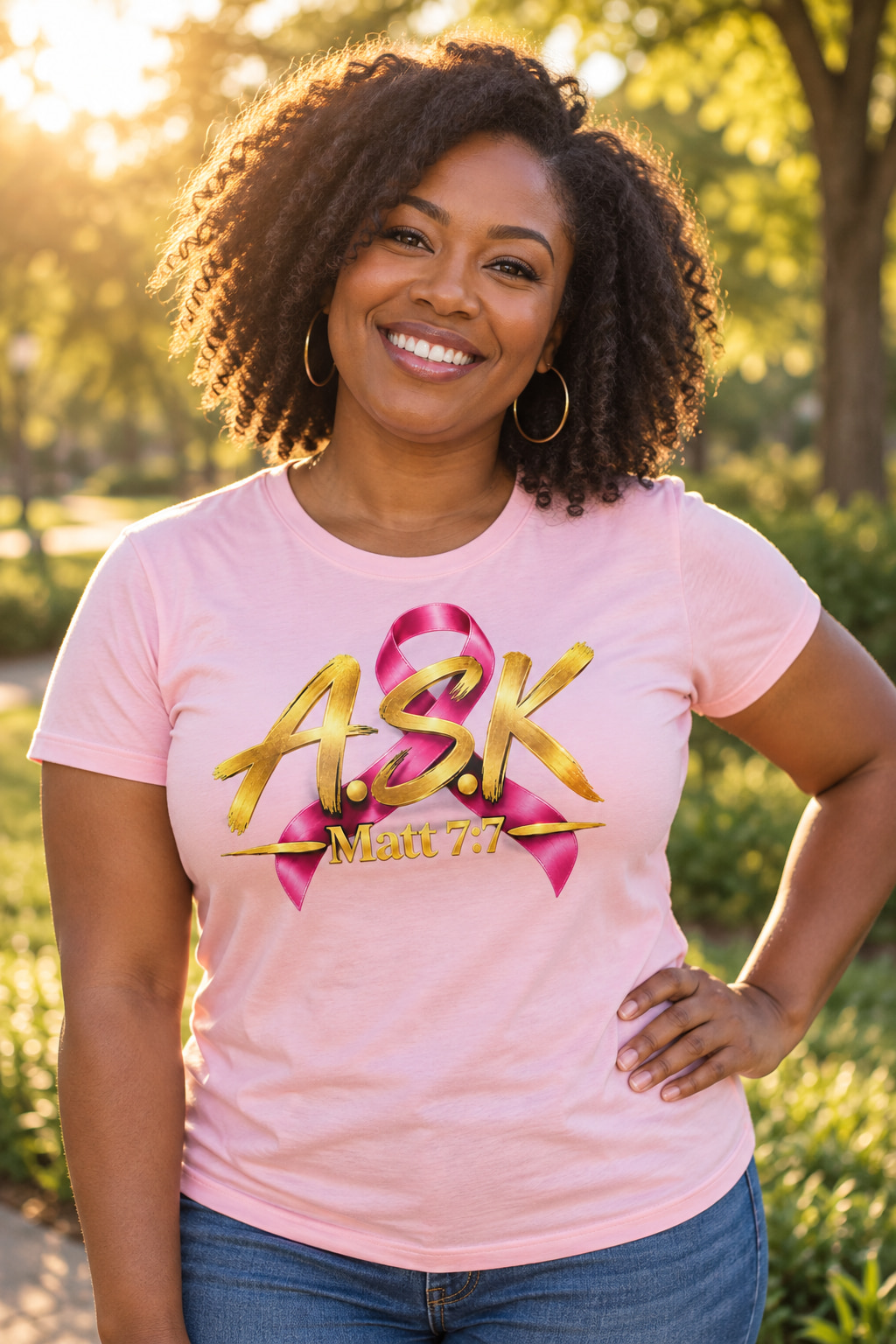 A joyful Black woman in her thirties standing outdoors in a light pink tee printed with the pink-ribbon A.S.K. Matt 7:7 mark, warm sunlight behind her