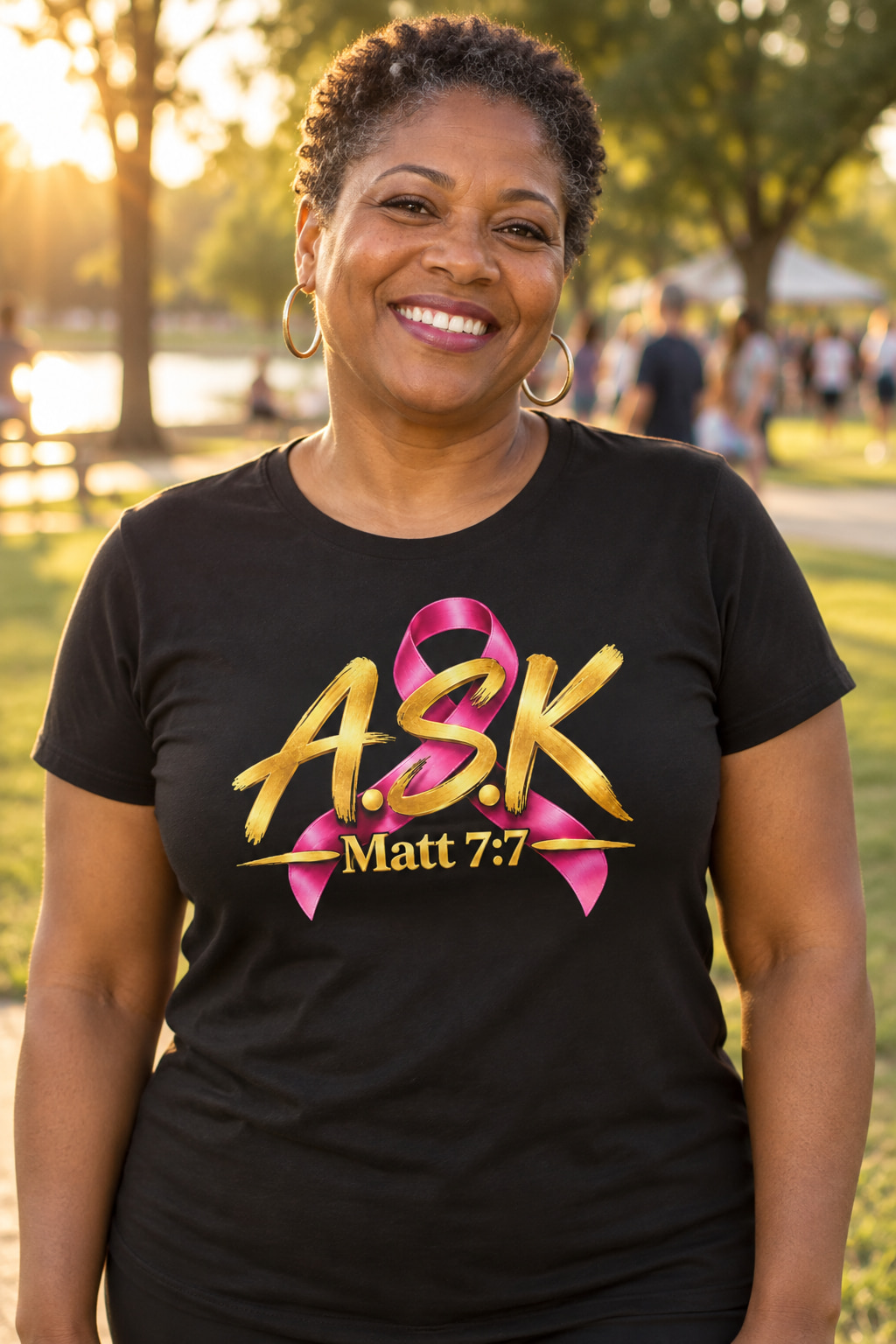 A smiling Black woman in her fifties at a park, wearing a black tee printed with the pink-ribbon A.S.K. Matt 7:7 mark in gold