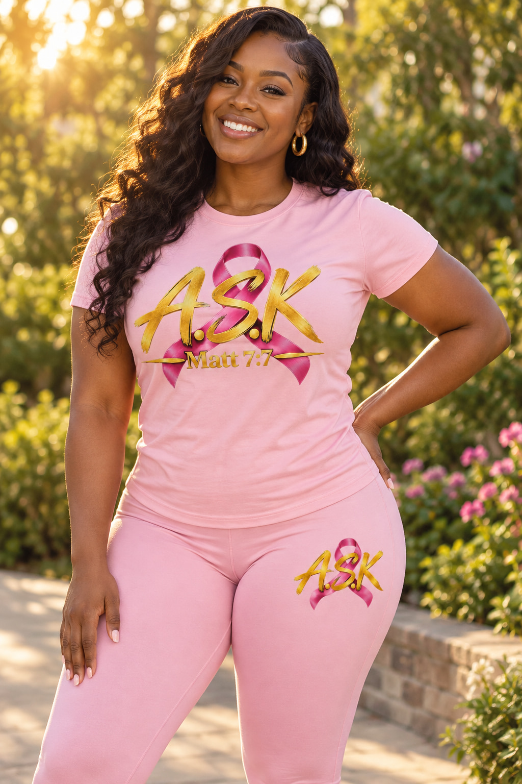 A smiling Black woman outdoors in the matching pink set — a light pink tee and matching printed leggings, both carrying the pink-ribbon A.S.K. Matt 7:7 mark