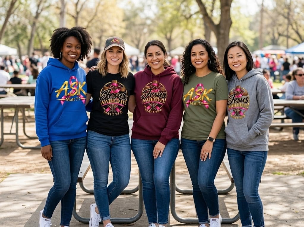 Five women standing together in a sunny park, smiling in A.S.K. hoodies and tees — the pink-ribbon A.S.K. Matt 7:7 mark and the pink-ribbon Jesus NAILED IT! Matt 28:6 seal printed across the group