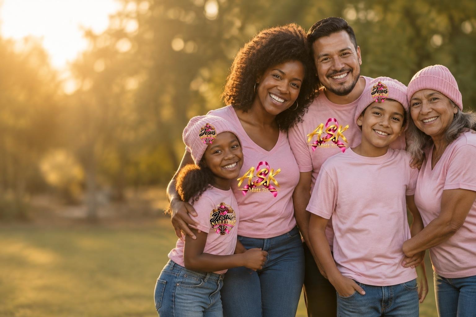 A family of five — two adult women, an adult man, a young girl and a young boy — standing together outdoors at golden hour, all in pink shirts and pink beanies: the adults wearing the pink-ribbon A.S.K. Matt 7:7 mark and the two children wearing the pink-ribbon Jesus NAILED IT! seal