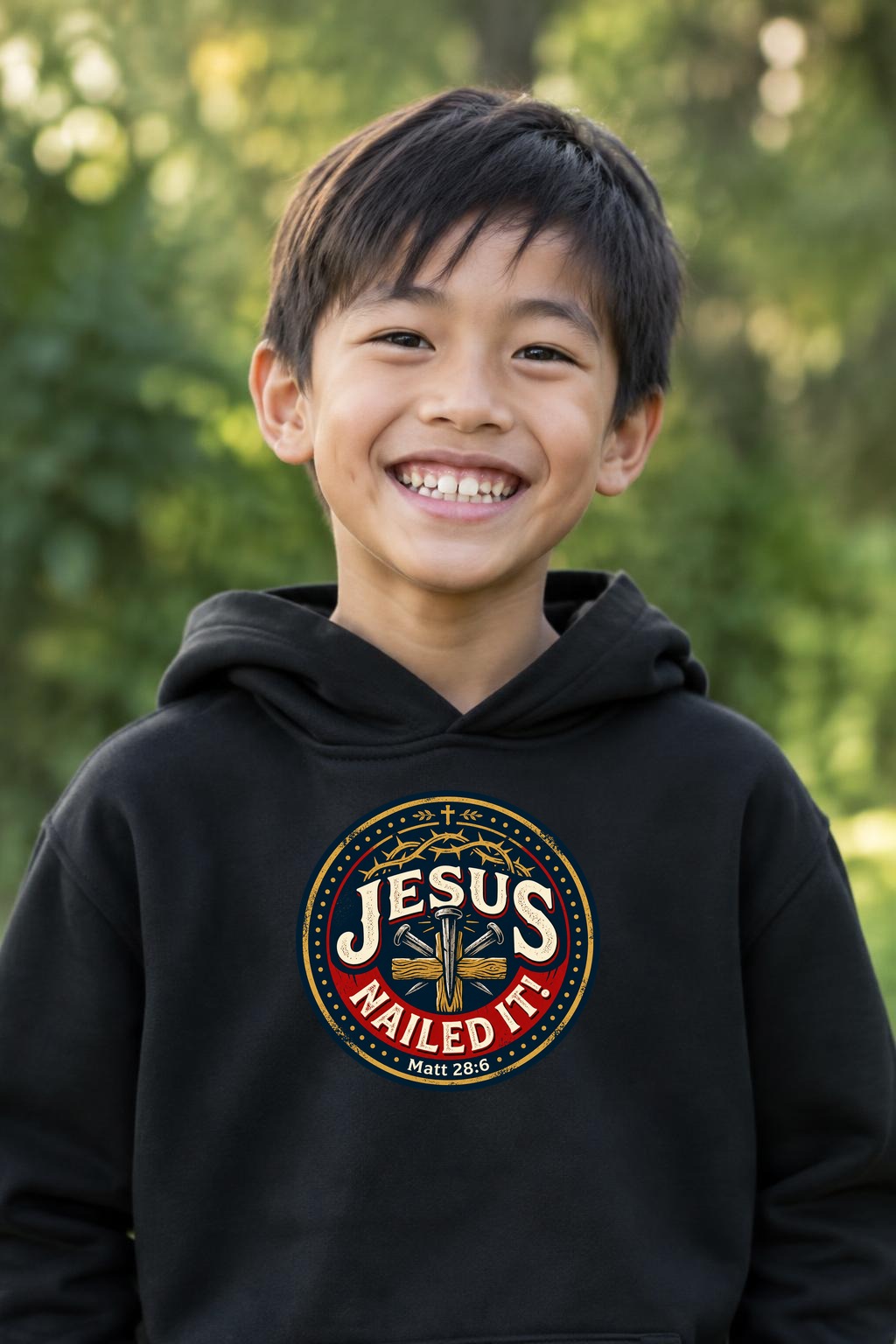 A young Asian boy grinning outdoors against soft green foliage, wearing a black kids top printed with the circular Jesus NAILED IT! / Matt 28:6 seal
