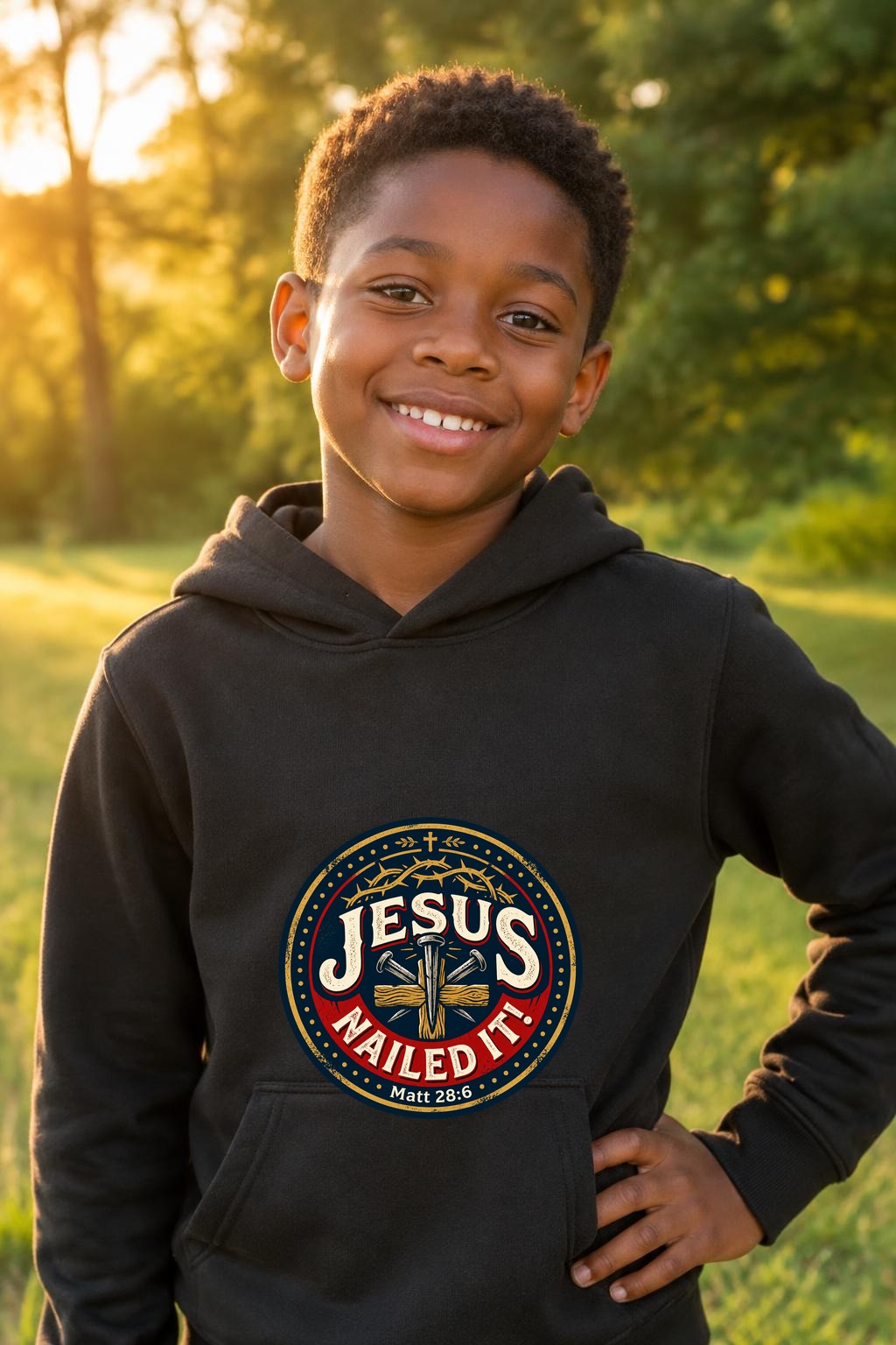A young Black boy smiling at golden hour, wearing a black kids top printed with the circular Jesus NAILED IT! / Matt 28:6 seal — the wooden cross, crown of thorns, and three nails