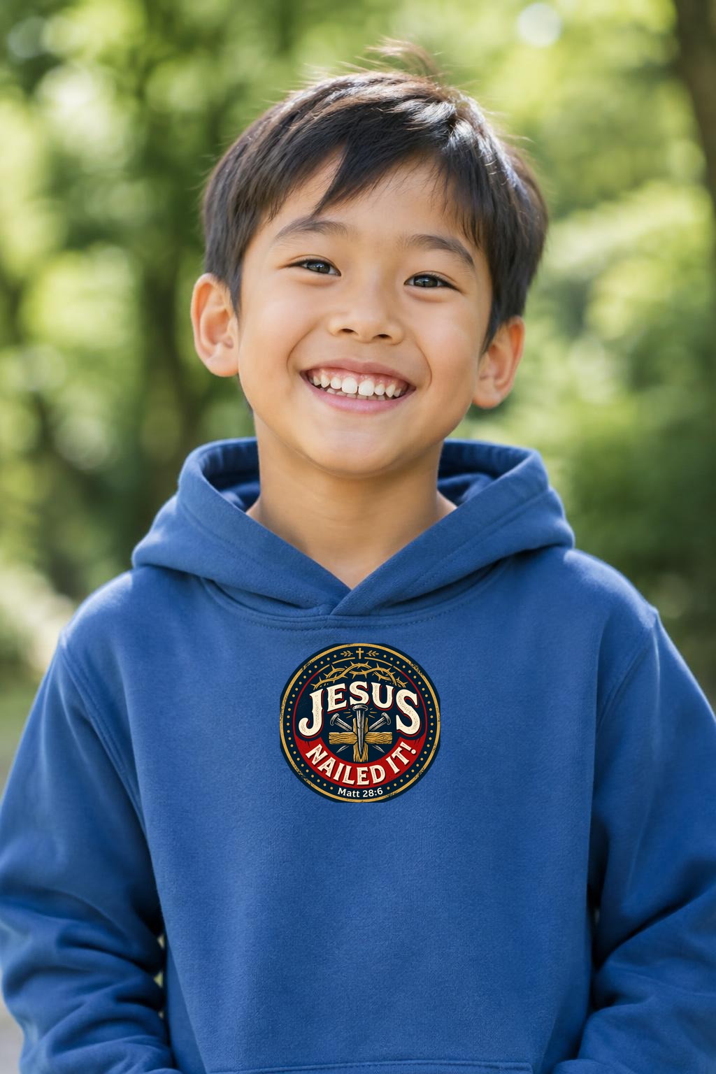 A grinning young boy outdoors against soft green foliage, wearing a kids piece printed with the circular Jesus NAILED IT! Matt 28:6 seal on the chest