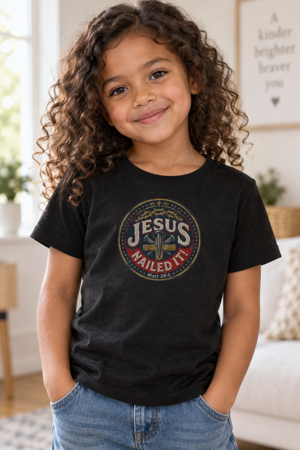 A mixed-heritage girl about six with long curly hair, smiling in soft indoor window light, wearing a black kids tee with the circular Jesus NAILED IT! / Matt 28:6 seal printed into the cotton