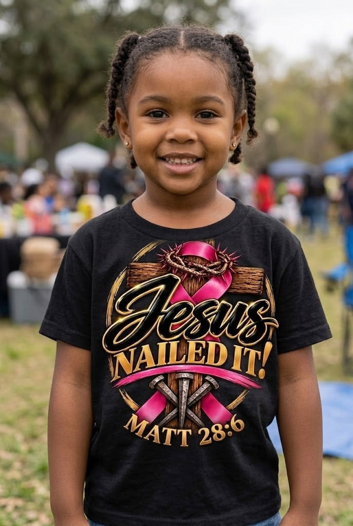 A young girl with braided pigtails smiling in a black tee printed with the pink-ribbon Jesus NAILED IT! Matt 28:6 seal