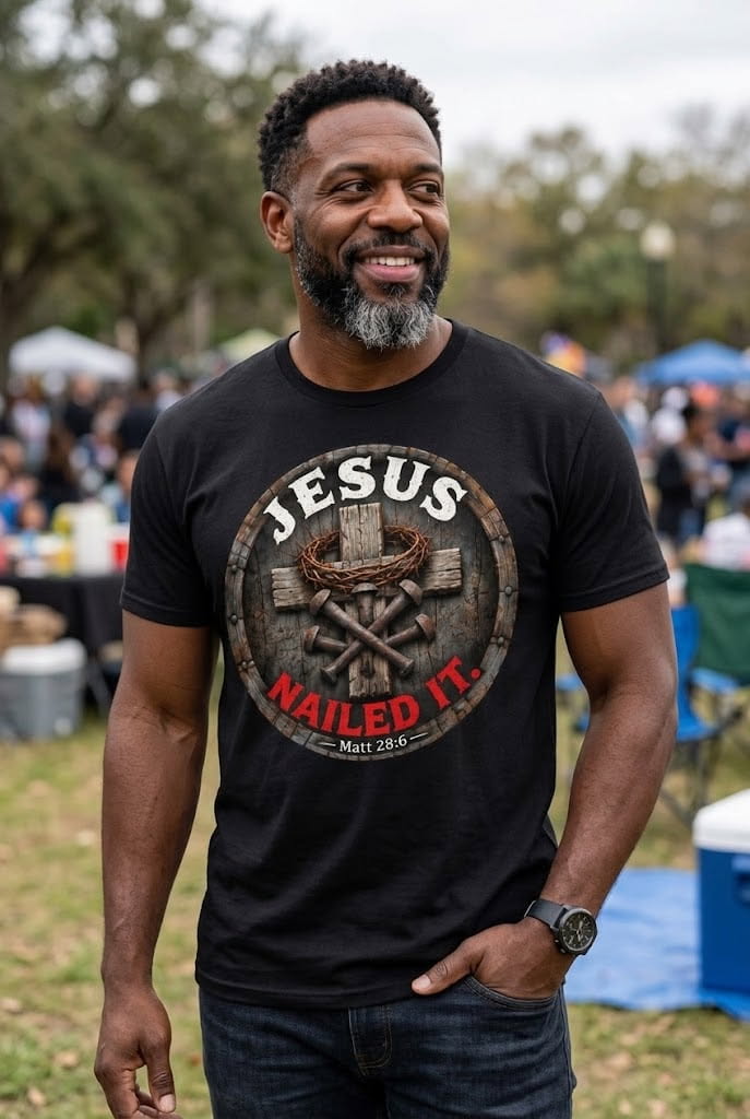 A smiling man in a black tee printed with the Jesus NAILED IT! Matt 28:6 emblem, standing outdoors at a community event
