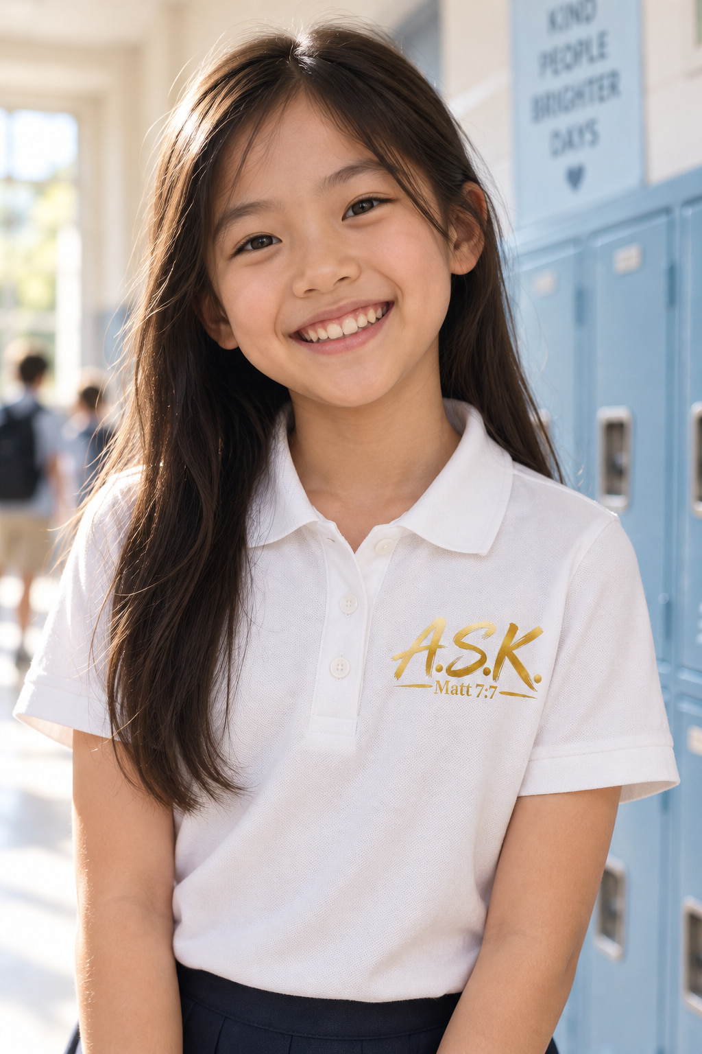 A smiling East Asian girl in a bright school hallway with blue lockers, wearing a white kids polo shirt with the gold A.S.K. Matt 7:7 mark printed into the piqué on the left chest