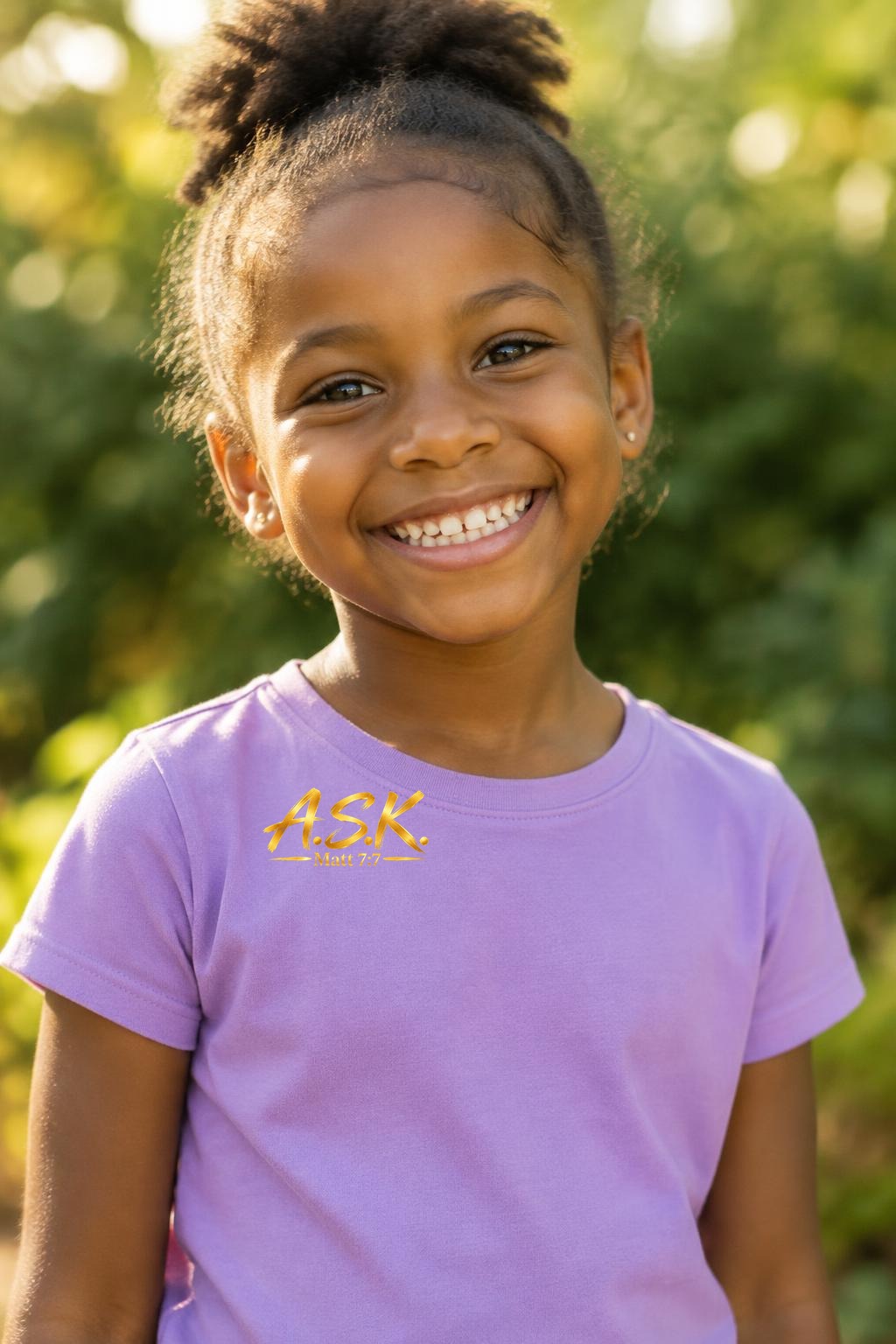 A joyful young girl outdoors in warm sunlight, wearing a kids tee printed with the gold A.S.K. Matt 7:7 mark on the chest