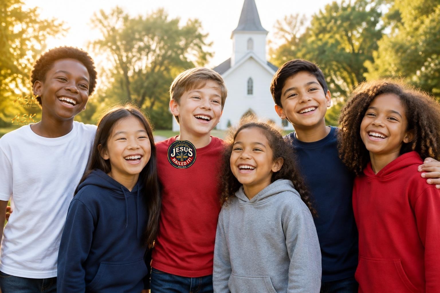 A row of laughing children of mixed heritage outdoors beside a small white church at golden hour, their shirts printed with the gold A.S.K. Matt 7:7 mark and the circular Jesus NAILED IT! Matt 28:6 seal