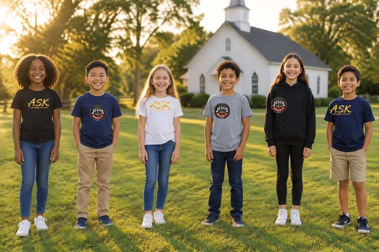 Six children of mixed heritage — Black, Asian, white, Latino and mixed-race, boys and girls — standing in a line on a sunlit lawn outside a small white country church, their shirts printed with the gold A.S.K. Matt 7:7 mark and the circular Jesus NAILED IT! Matt 28:6 seal