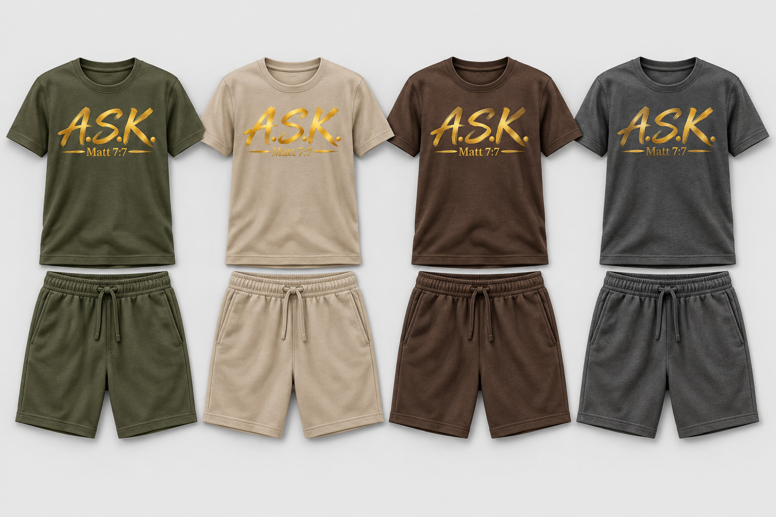 Four men's two-piece A.S.K. sets side by side on one studio background — olive green, sand, brown and stone — each a short-sleeve tee with matching shorts carrying the gold A.S.K. Matt 7:7 mark