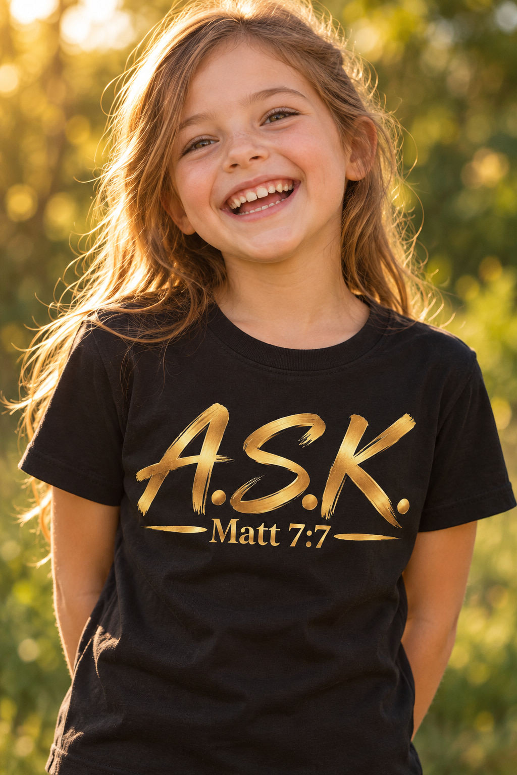 A joyful white girl about eight with light brown hair, outdoors in golden-hour light against soft green foliage, wearing a black kids tee with the gold A.S.K. / Matt 7:7 mark printed into the fabric