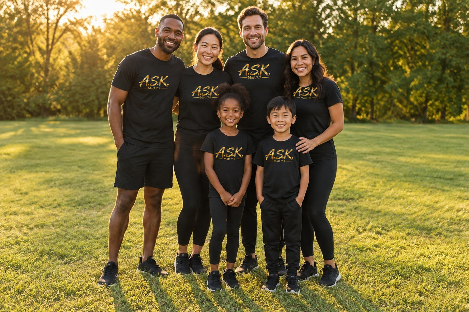 Six people of mixed heritage wearing matching A.S.K. Matt 7:7 sets, standing together on a lawn at golden hour