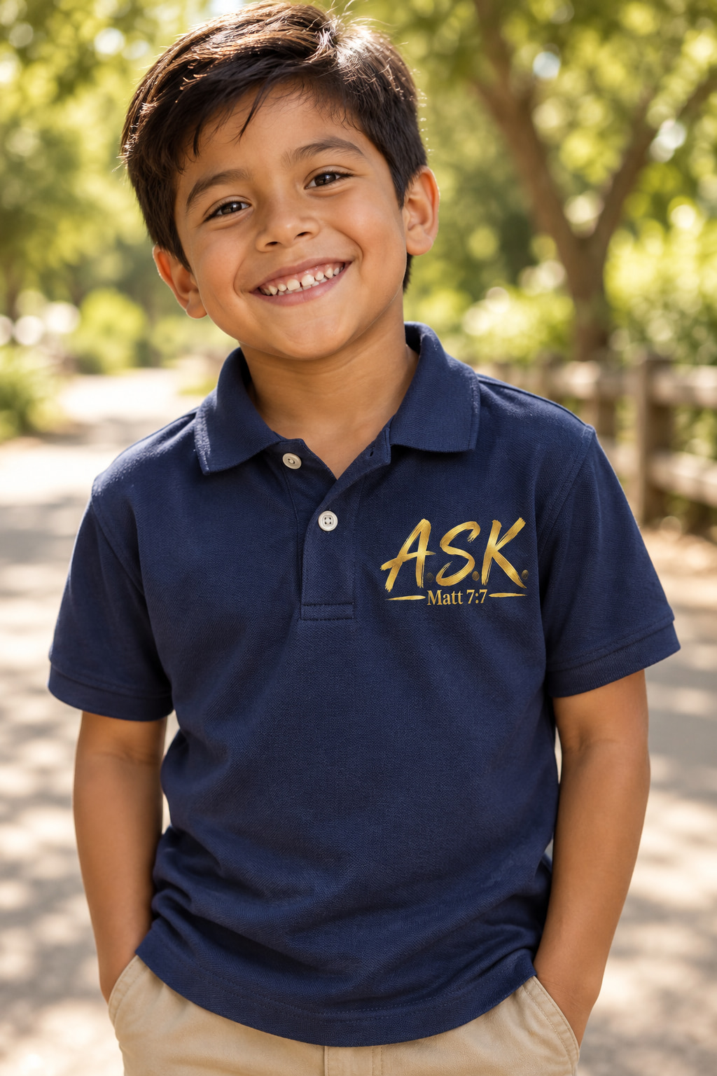 A smiling Latino boy about seven standing with his hands in his pockets on a sunlit path, wearing a navy kids polo shirt with the gold A.S.K. / Matt 7:7 mark printed into the piqué on the left chest