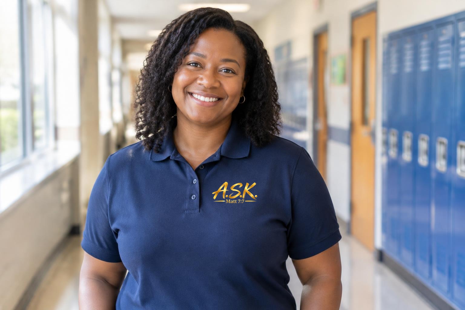 A smiling teacher in a navy collar polo printed with the gold A.S.K. Matt 7:7 mark on the chest, standing in a bright school hallway with lockers and classroom doors behind her