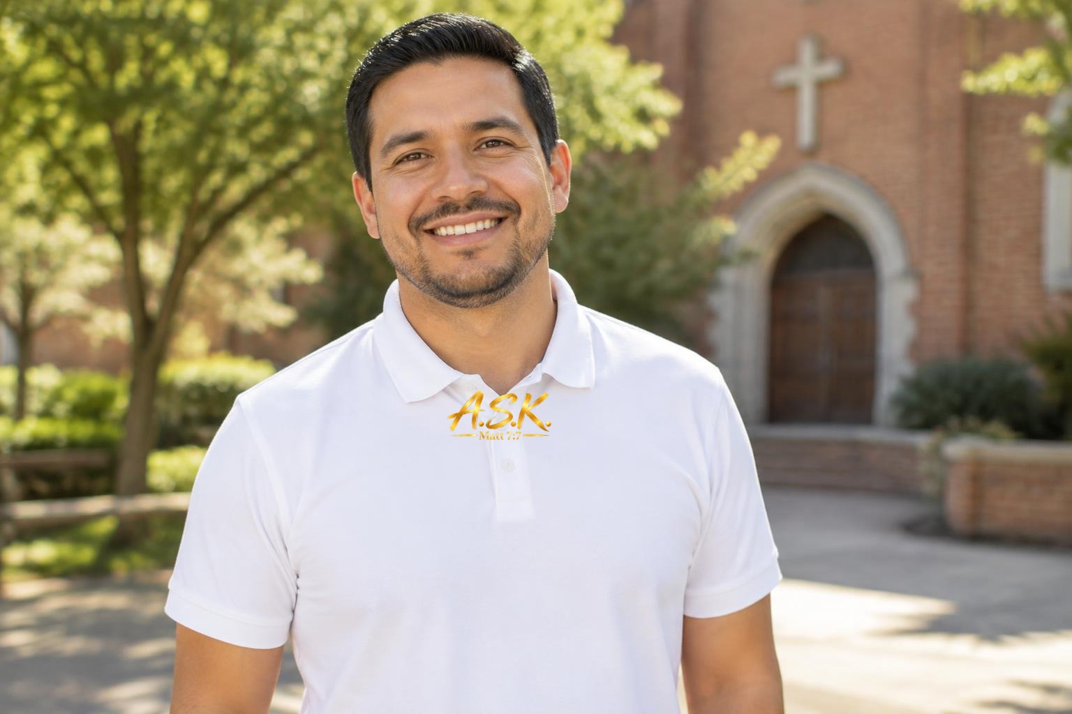 A smiling man in a white collar polo printed with the gold A.S.K. Matt 7:7 mark on the chest, standing in a sunlit church courtyard with a brick building and trees behind him