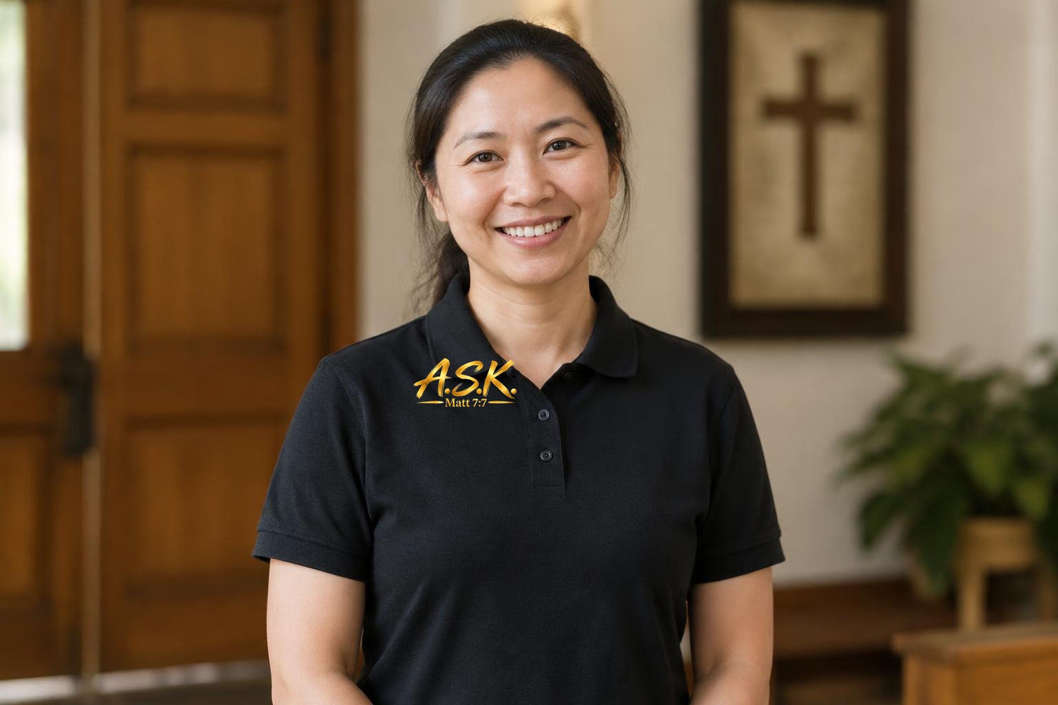 A smiling teacher in a black collar polo printed with the gold A.S.K. Matt 7:7 mark on the chest, standing in a warm church hall with a wooden door and a framed cross behind her