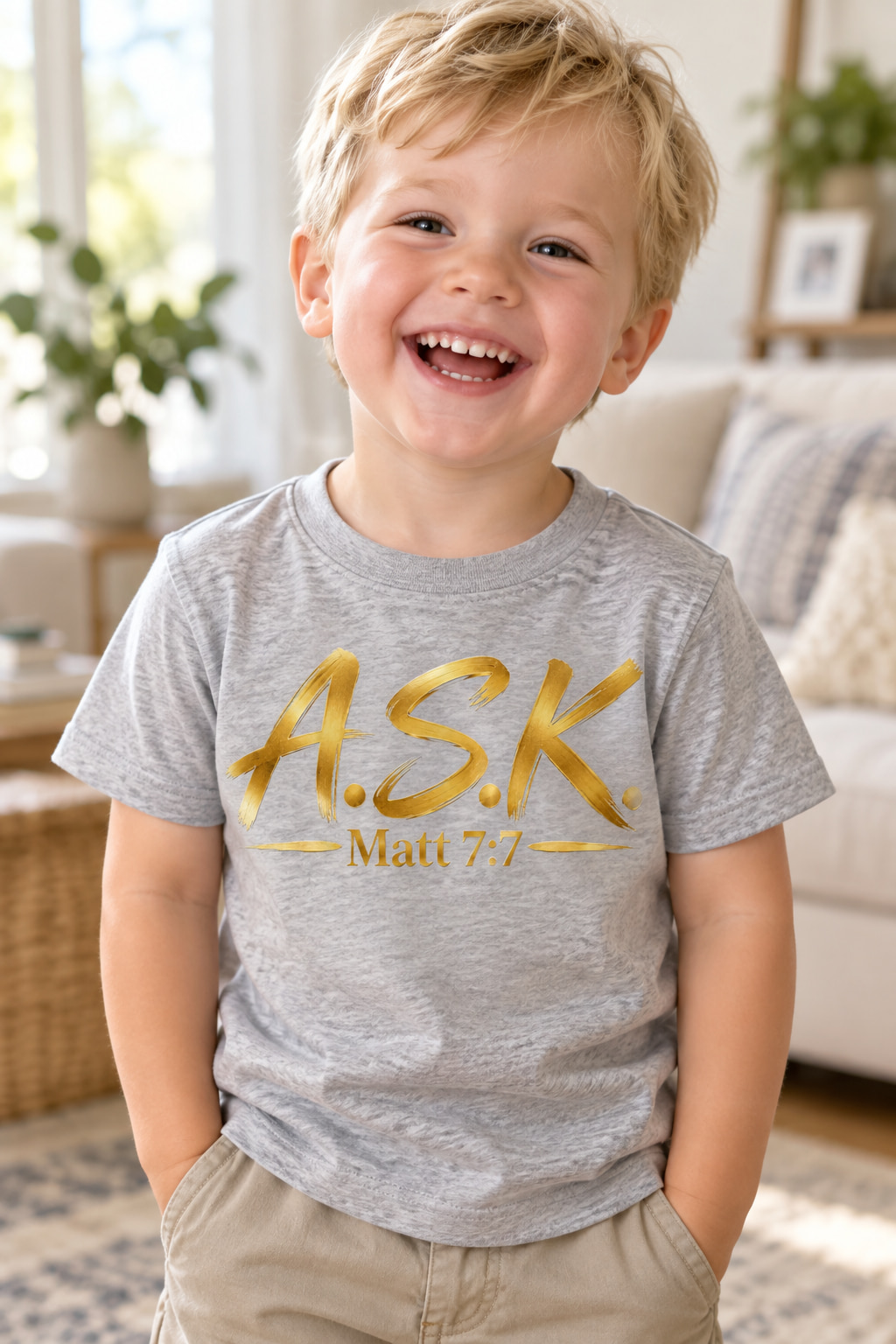 A smiling white toddler boy about three in bright natural light at home, wearing a light grey kids tee with the gold A.S.K. / Matt 7:7 mark printed into the fabric