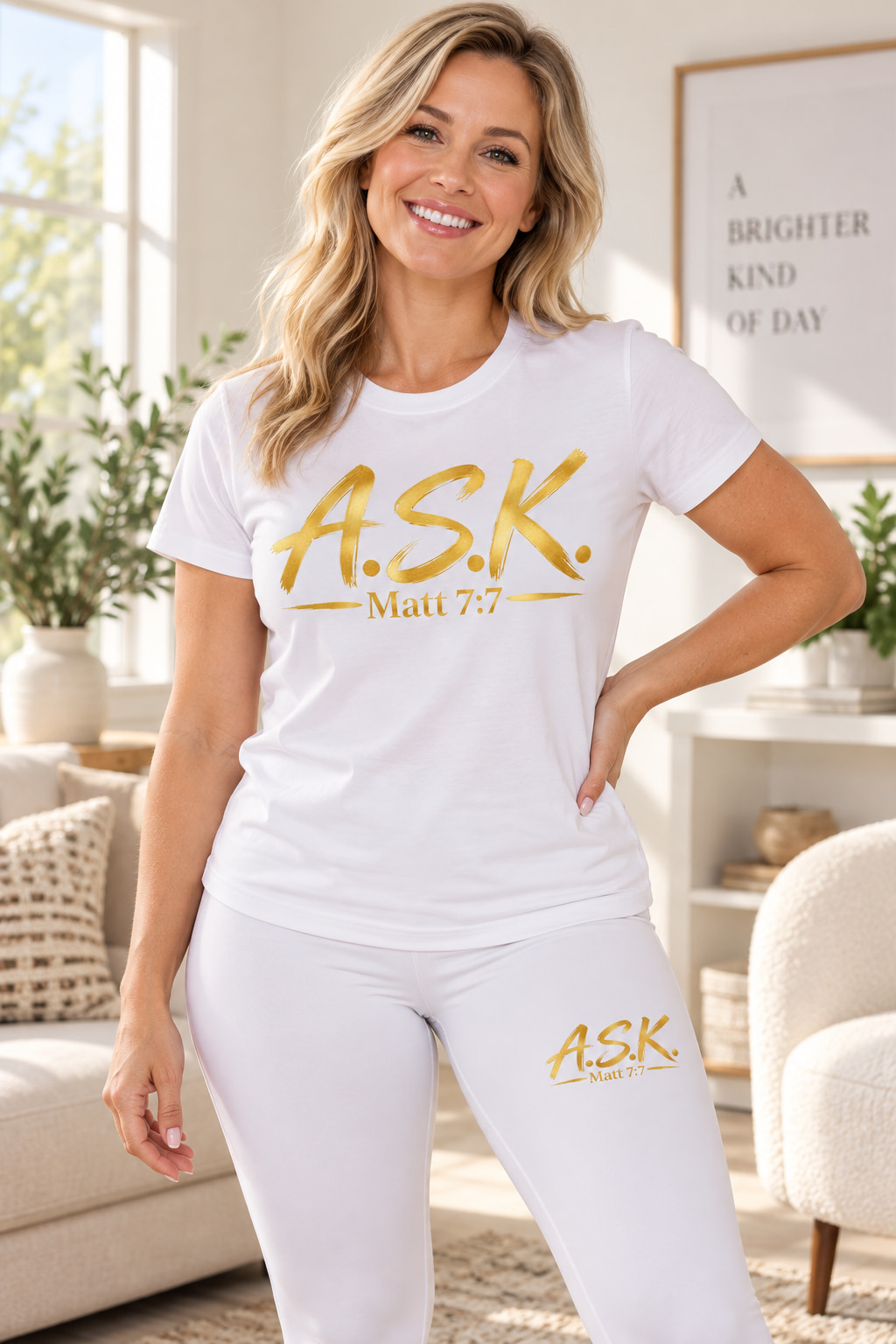 A smiling woman at home in a matching white A.S.K. two-piece set — a white tee and white leggings, each printed with the gold A.S.K. Matt 7:7 mark