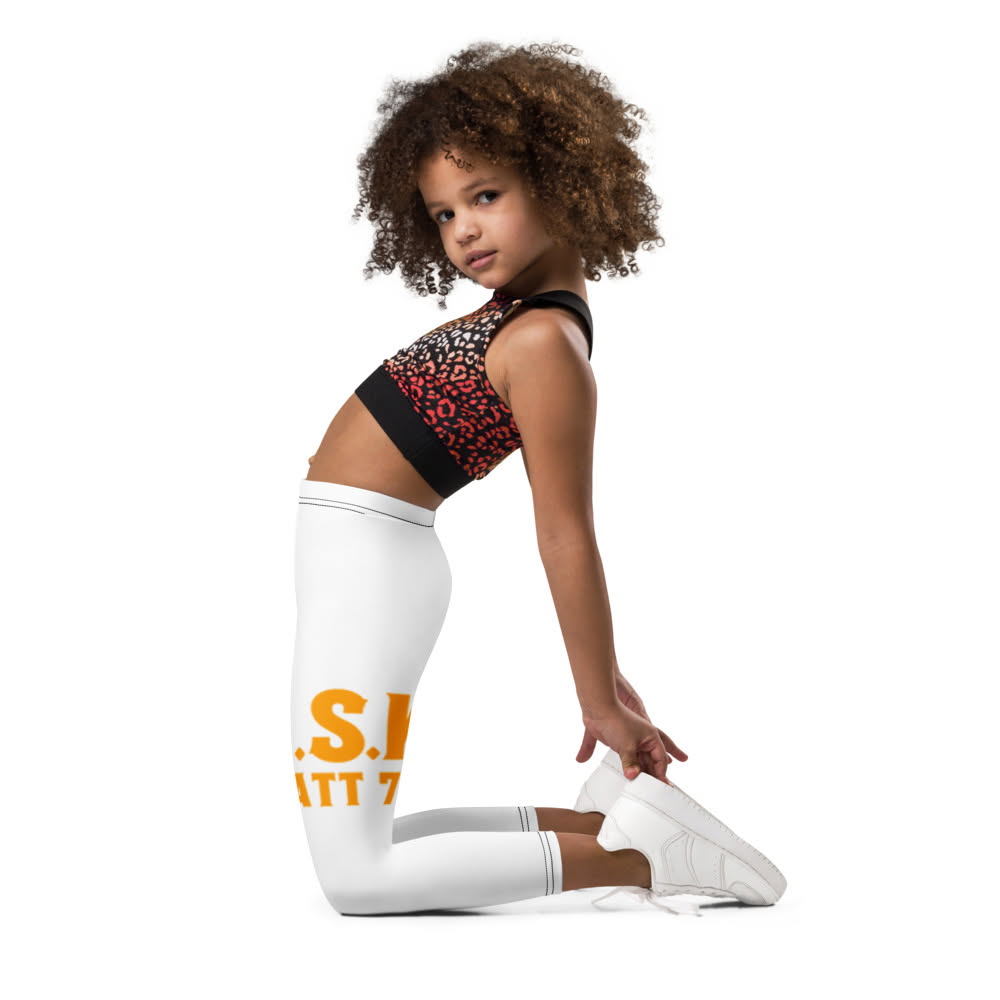 Girl in an athletic pose wearing white A.S.K. leggings