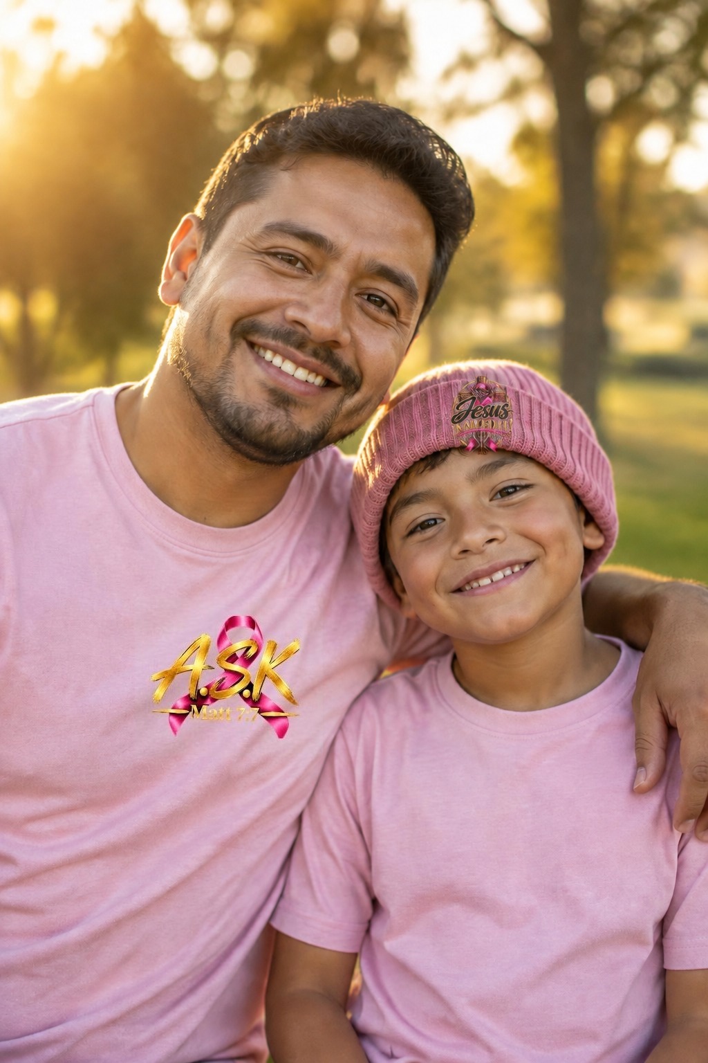 Father and son smiling together outdoors in pink t-shirts, the pink-ribbon Jesus NAILED IT! / Matt 28:6 emblem printed into the ribbed knit of the boy’s pink beanie, following the hat’s curve with the rib texture running through it — dad wearing the pink-ribbon A.S.K. Matt 7:7 mark on his shirt, both the owner’s own designs