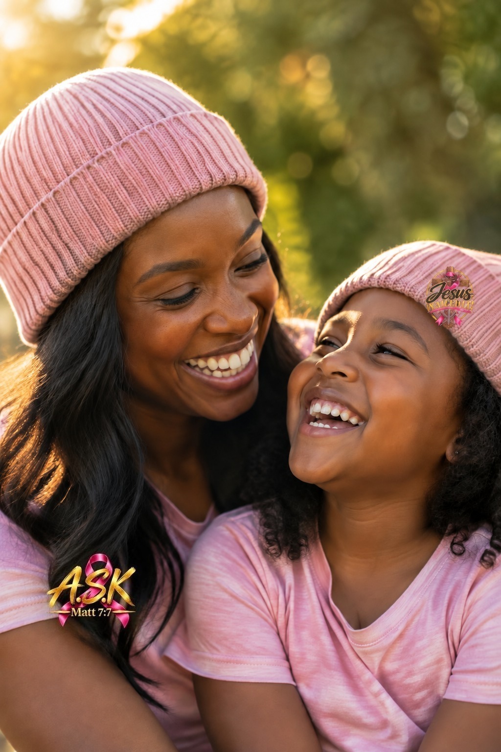 Mother and daughter laughing together outdoors in pink t-shirts and matching pink beanies — mom wearing the pink-ribbon A.S.K. Matt 7:7 mark on her shirt, and the pink-ribbon Jesus NAILED IT! / Matt 28:6 emblem printed into the ribbed knit of her daughter’s pink beanie, following the hat’s curve with the rib texture running through it, both the owner’s own designs